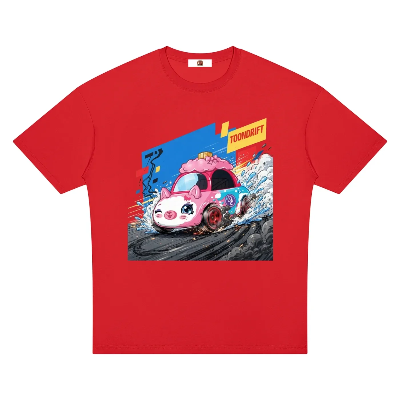 Pink Kitty Donut Coupe Drift Graphic T-Shirt - Red (TOONDRIFT Edition)