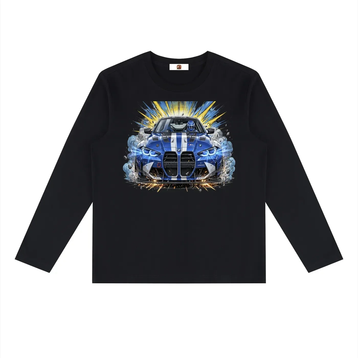 Blue BMW M4 GT3 Twin Racing Stripe Graphic Long Sleeve T-Shirt - Black