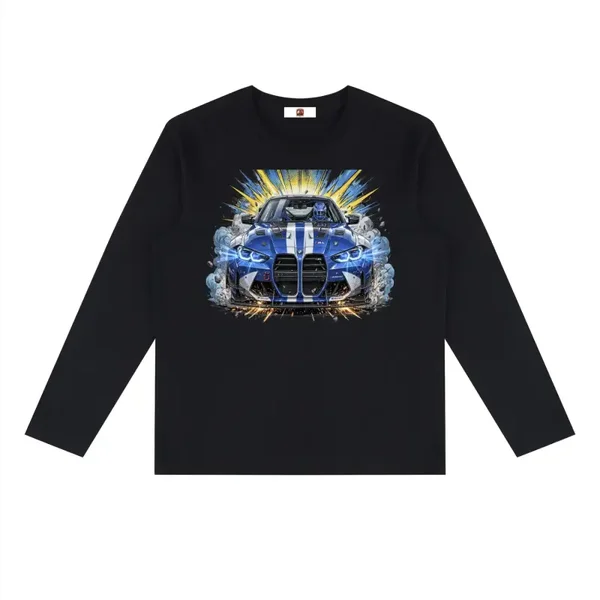 Blue BMW M4 GT3 Twin Racing Stripe Graphic Long Sleeve T-Shirt - Black