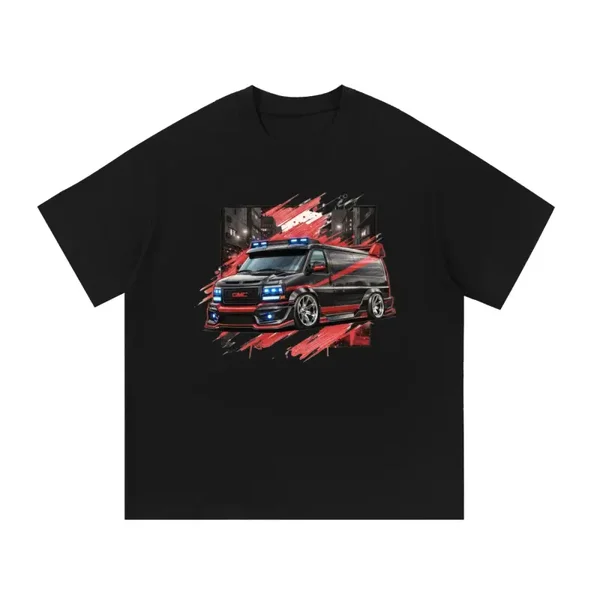 Black & Red GMC Custom Van Graphic Tee - A-Team Style Night Runner Street Shirt - 80s Action Van Tee