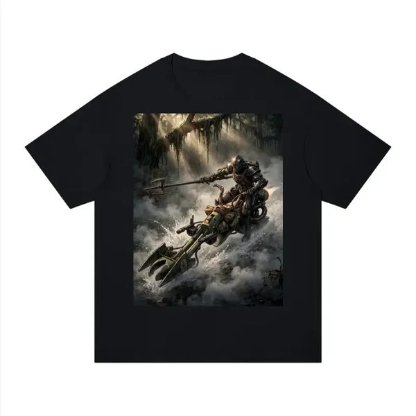 Swamp Speeder Knight Graphic T-Shirt - Unisex Regular Fit Cotton Tee | Armored Warrior Hover Bike Fantasy Shirt