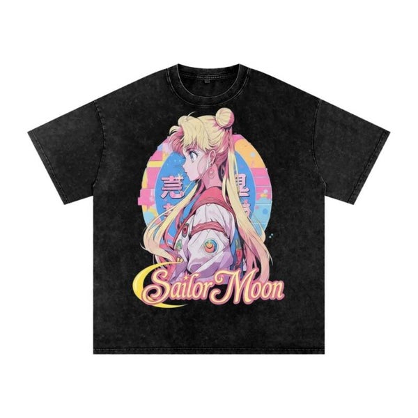 Sailor Moon Profile T-Shirt | Vintage Black Washed Y2K Kawaii Anime Tee