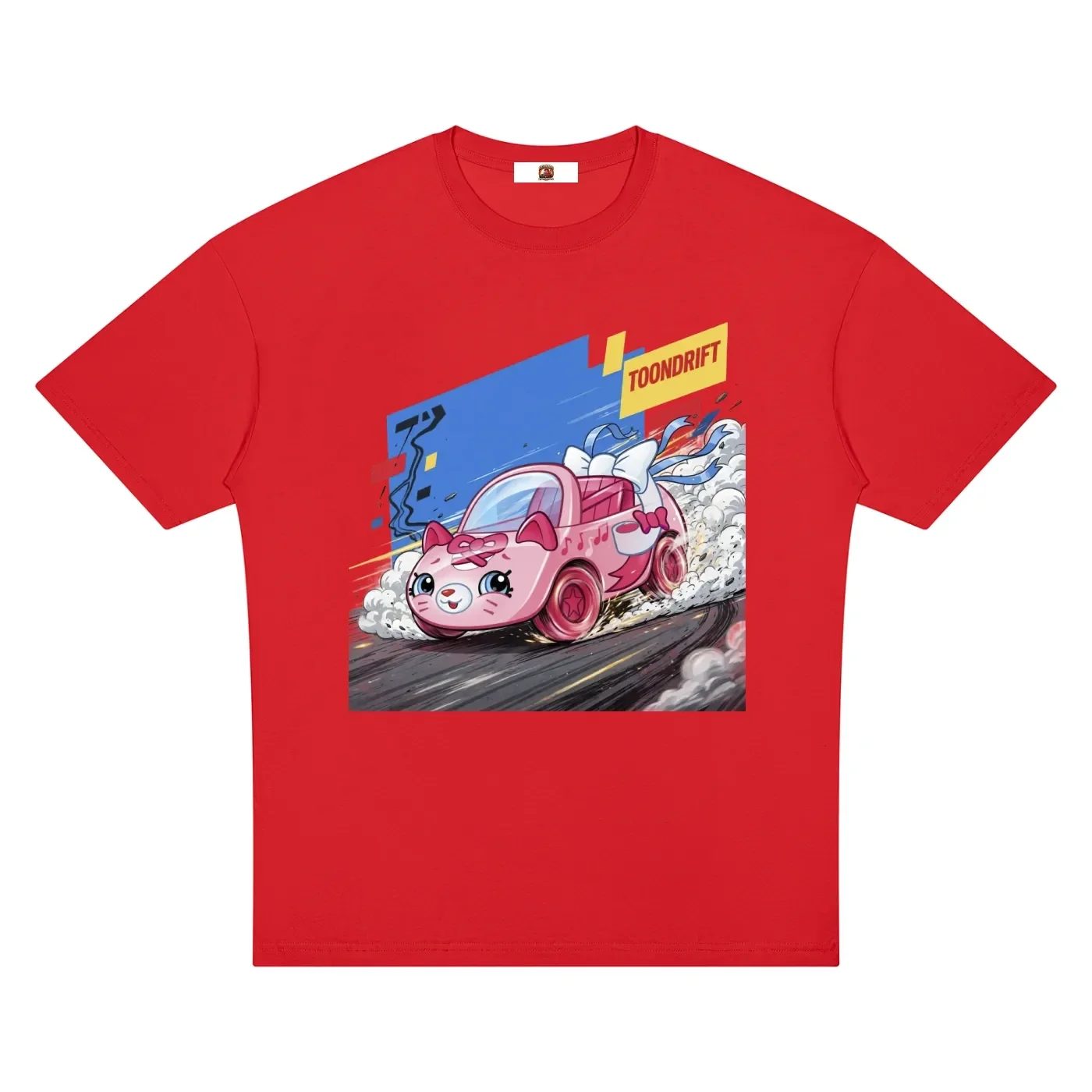 Pink Ribbon Cat Convertible Drift Graphic T-Shirt - Red (TOONDRIFT Edition)