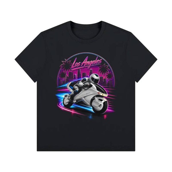 Los Angeles Futuristic Motorcycle Tee | Neon Retro Moto Shirt | RedKats