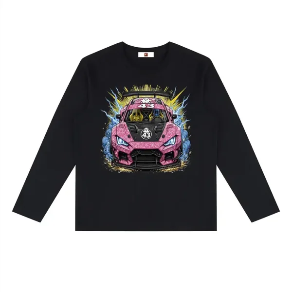 Pink Ghost Doodle Livery Supercar #43 Graphic Long Sleeve T-Shirt - Black