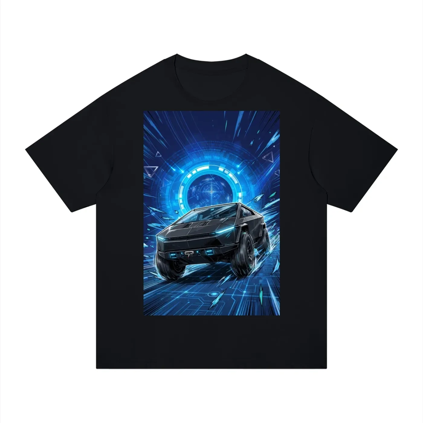Cyber Truck Portal Warp Graphic T-Shirt - Unisex Regular Fit Cotton Tee | Futuristic EV Anime Time Travel Shirt