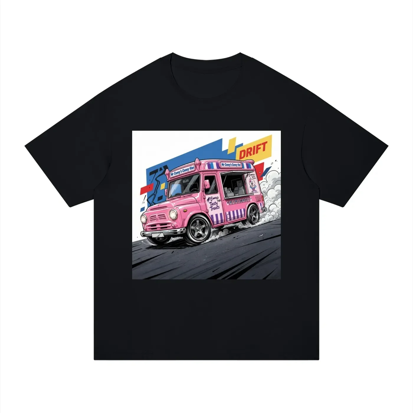 Drift Ice Cream Van Graphic T-Shirt - Unisex Regular Fit Cotton Tee | Funny Pink Food Truck Drifting Shirt