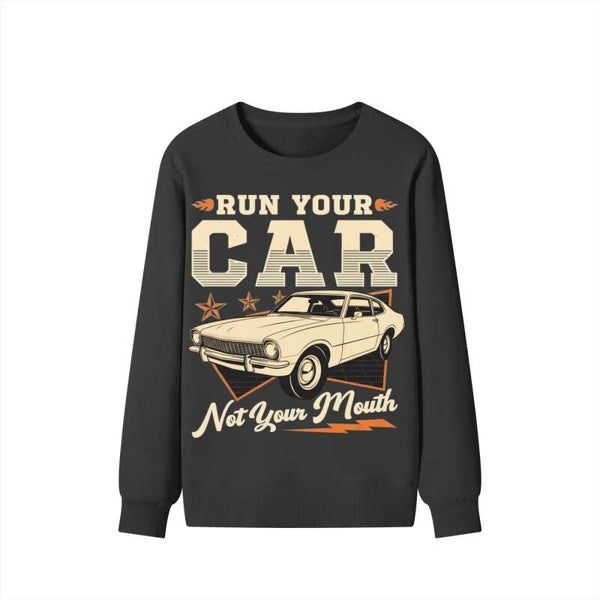 Shop RedKats Run Your Car Sweatshirt in Royal Blue - vintage 70s muscle car with funny drag racing quote on premium crewneck sweatshirt. Retro street racing streetwear. Ships fast.