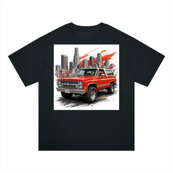 Red K5 Blazer LA Skyline Graphic T-Shirt - Unisex Regular Fit Cotton Tee | Vintage 4x4 SUV Street Art Shirt