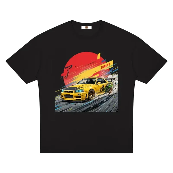 Yellow Nissan Skyline GT-R R34 Drift Graphic T-Shirt - Series 2 (Red Sun / Drift Edition)