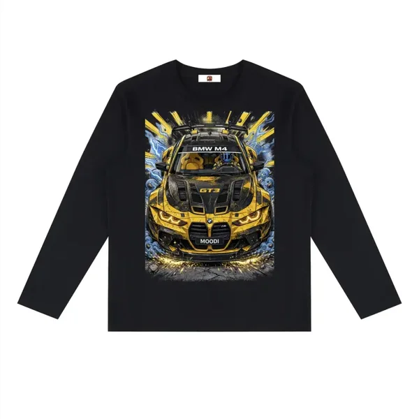 Yellow BMW M4 GT3 Widebody Race Car Graphic Long Sleeve T-Shirt - Black