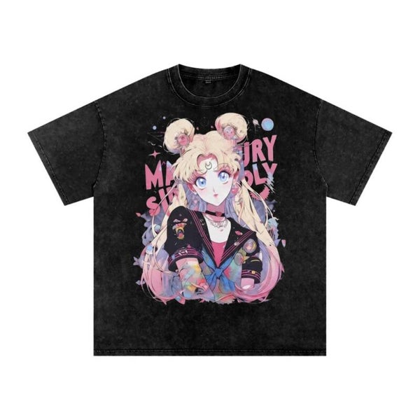 Sailor Moon Gal T-Shirt - Vintage Black Washed Harajuku Graphic Tee