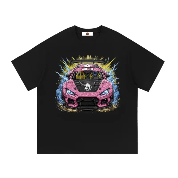Pink Ghost Doodle Livery Supercar #43 Graphic T-Shirt - Black