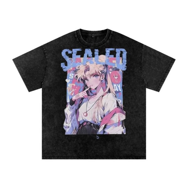 Sailor Moon "Magic Moon" Streetwear T-Shirt - Vintage Washed Y2K Tee  Kawaii meets street style. This Magic Moon Sailor Moon Graphic T-Shirt features Usagi Tsukino in a trendy modern outfit - white oversized sweatshirt, stacked silver necklaces, and blond