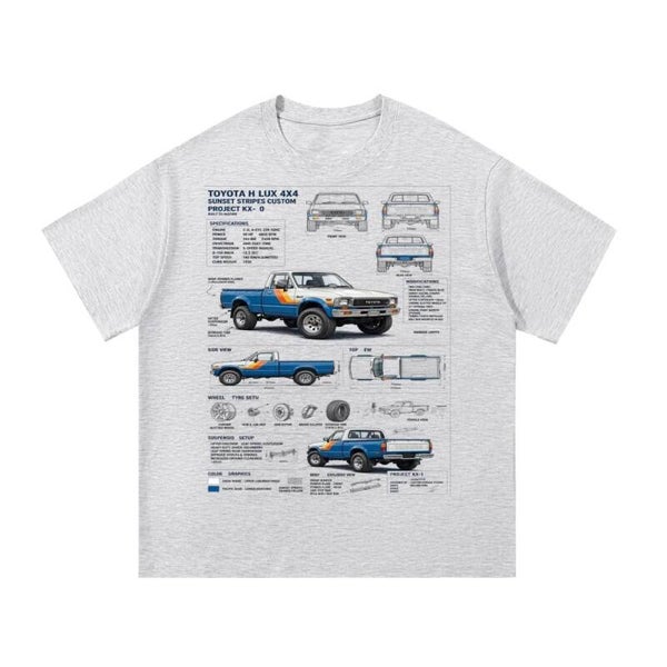 Hilux 4x4 Sunset Stripes Blueprint Tee | Retro 80s Pickup Custom Shirt | RedKats
