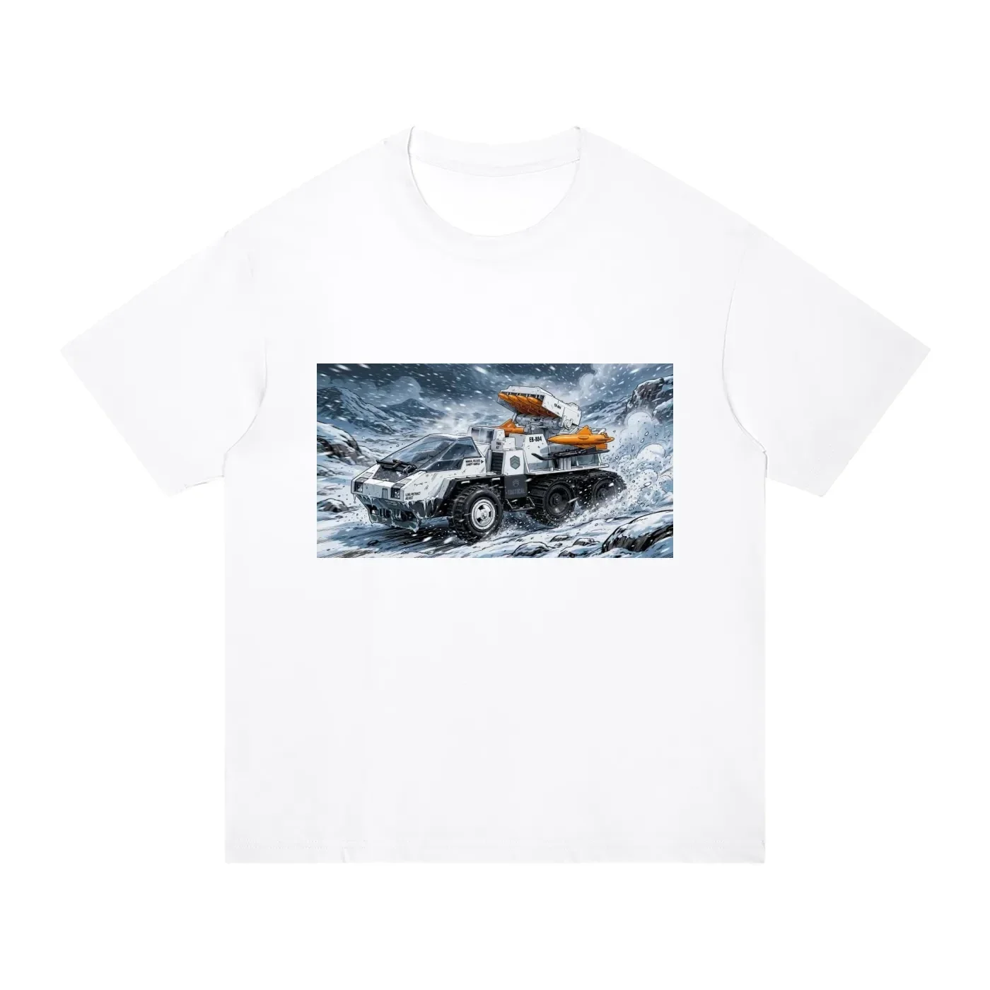 Arctic Snow Drift Missile Truck Graphic T-Shirt - Unisex Regular Fit Cotton Tee | Snow Cat Combat Vehicle Shirt