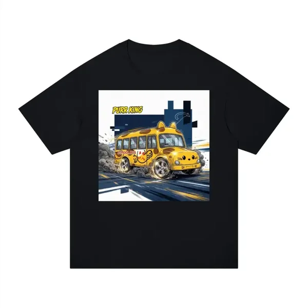 Purr King School Bus Drift Graphic T-Shirt - Unisex Regular Fit Cotton Tee | Funny Cat Bus Drifting Shirt