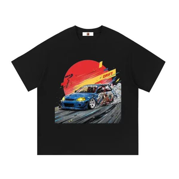 Blue Honda Civic EK Hatchback Samurai Dragon Drift Graphic T-Shirt - Series 2 (Red Sun / Drift Edition)