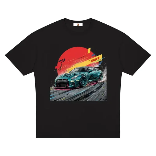 Series 2 Teal GTR Drift T-Shirt - Sunset Supercar - Black Heavyweight