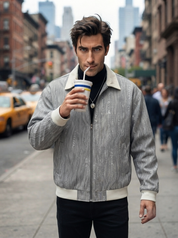 Men's Textured Abstract Print Full-Zip Bomber Jacket