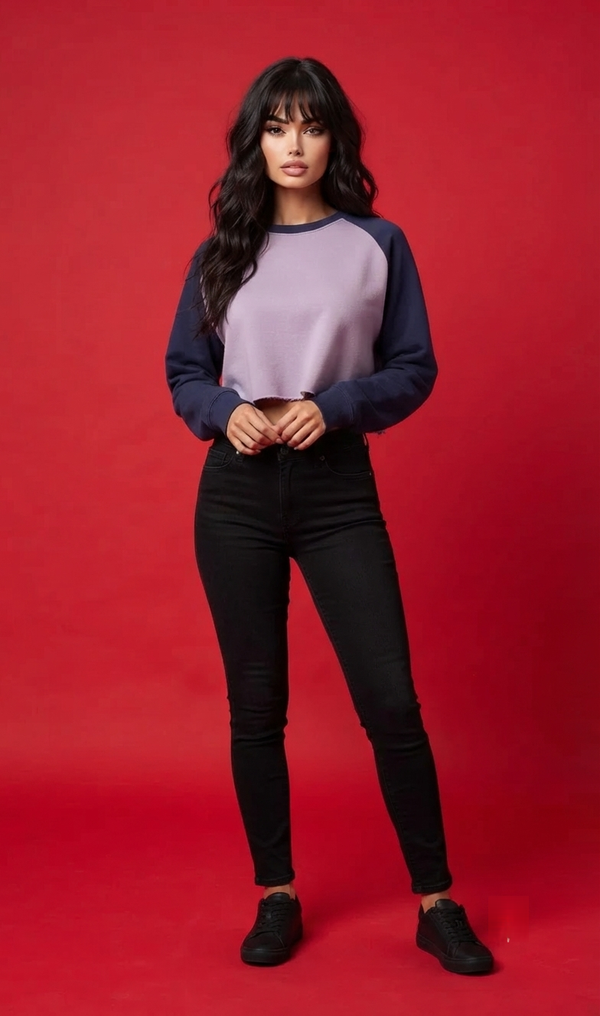 Raw-Hem Color-Block Raglan Crop Sweatshirt