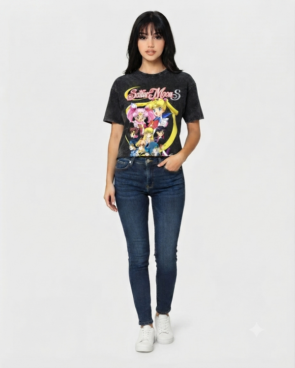 Vintage Sailor Moon S Anime Graphic Tee - Washed Black Oversized T-Shirt