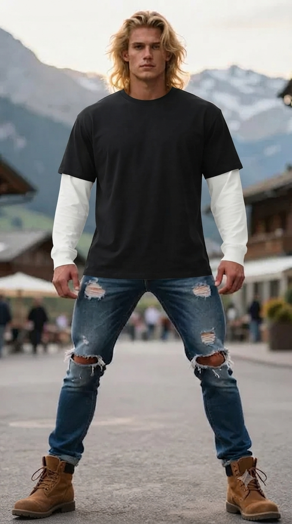 Layered Contrast Sleeve Cotton T-Shirt