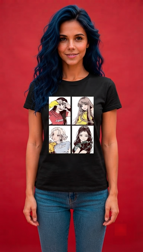 K-Pop Girl Group Four-Panel Anime Art Graphic T-Shirt