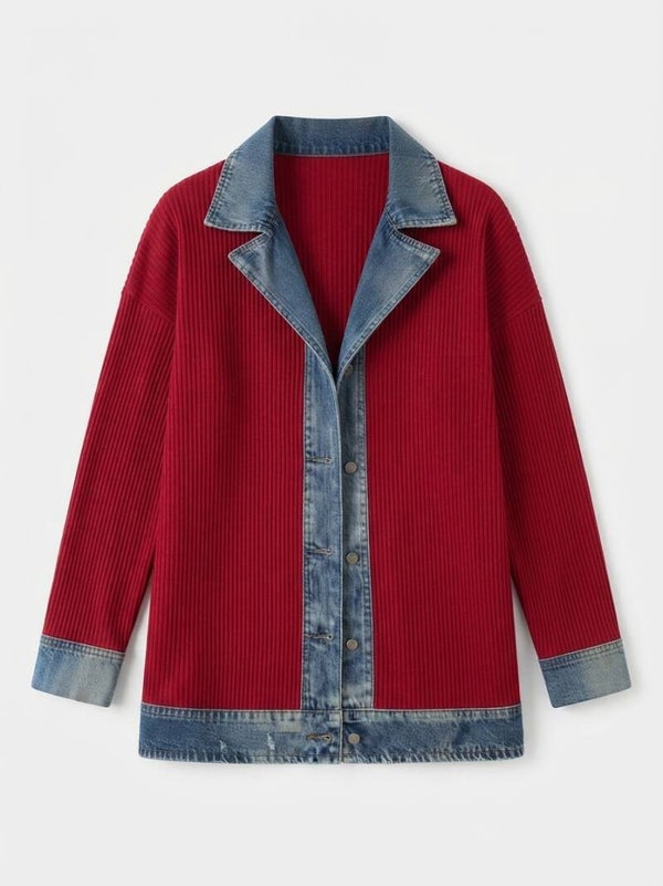 Women's Denim Trim Ribbed Knit Cardigan - Y2K 90s Redkat Style Coquette Jacket