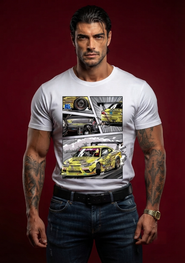 Yellow Drift Car Comic Panel Graphic Tee