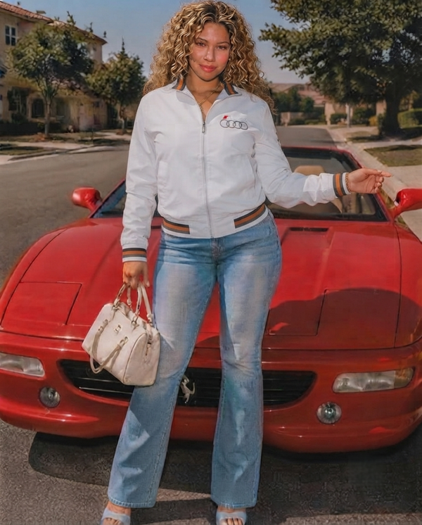 White Audi Sport Casual Zip-Up Jacket with Striped Collar and Cuffs
