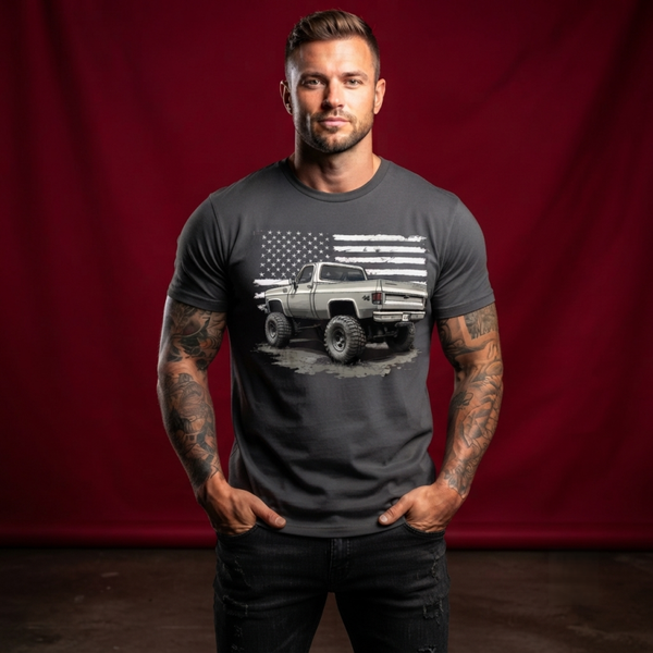 Vintage Off-Road Truck American Flag Black Graphic T-Shirt