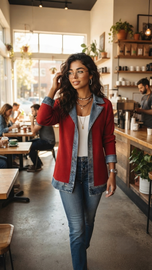 Women's Denim-Trimmed Ribbed Knit Cardigan