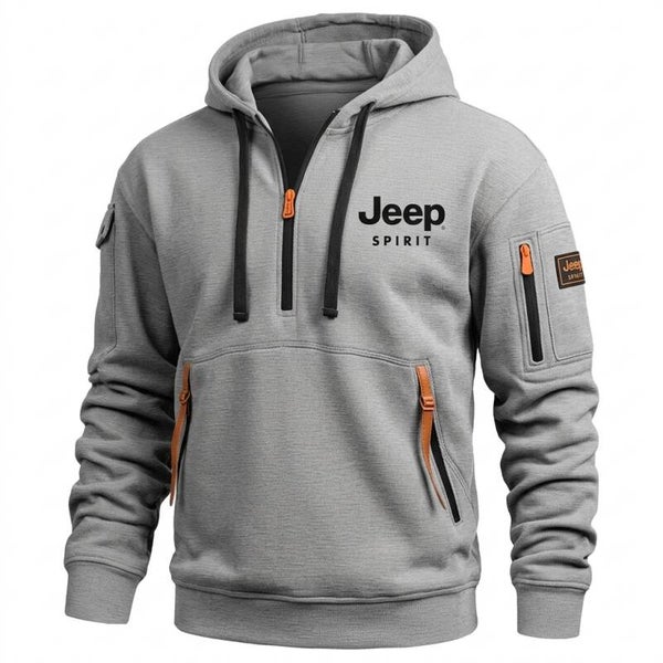 Jeep Spirit Tactical Quarter-Zip Hoodie - Men's Outdoor Off-Road Hooded Pullover with Zip Pockets