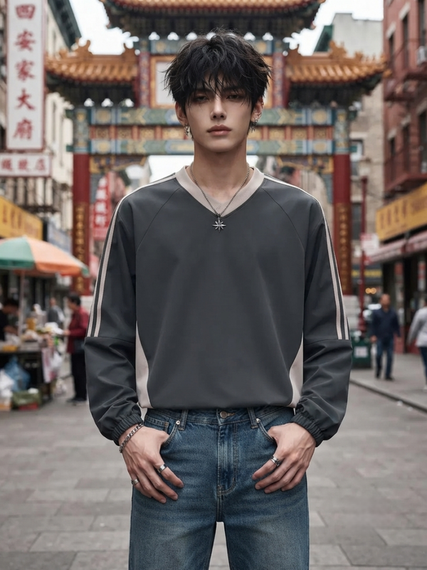 Color-Block V-Neck Long-Sleeve T-Shirt