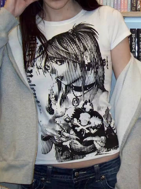 Y2K Anime Streetwear O-Neck 90s Text Print Top Harajuku Vintage Crop Tee Aesthetic Emo Casual T-Shirt