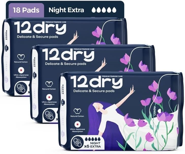 12DRY Ultra-Thin Sanitary Pads, 3 Packs × 6 (Total 18 Pads-Super Absorbent, Leak-Proof, Odor & Bacteria Protection, Soft & Breathable with AirCool Technology, FDA & FSC Certified