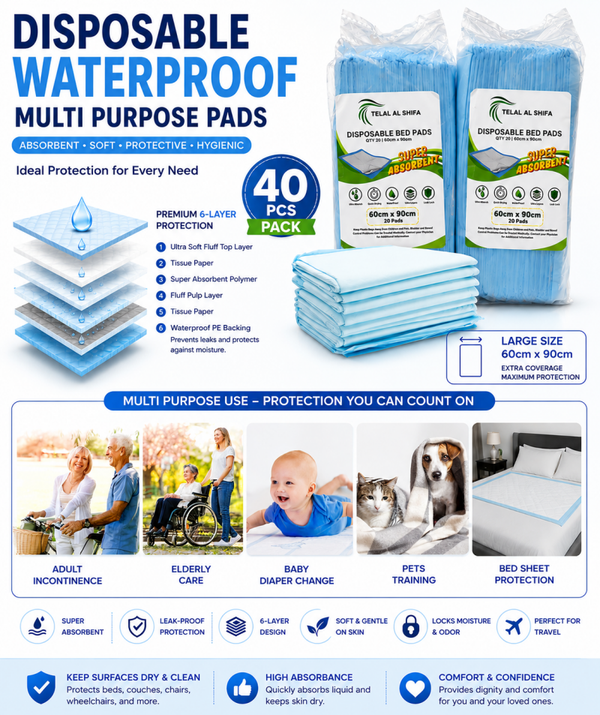Telal Al Shifa Disposable Waterproof Multi-Purpose Pads 60cm × 90cm – Pack of 40.