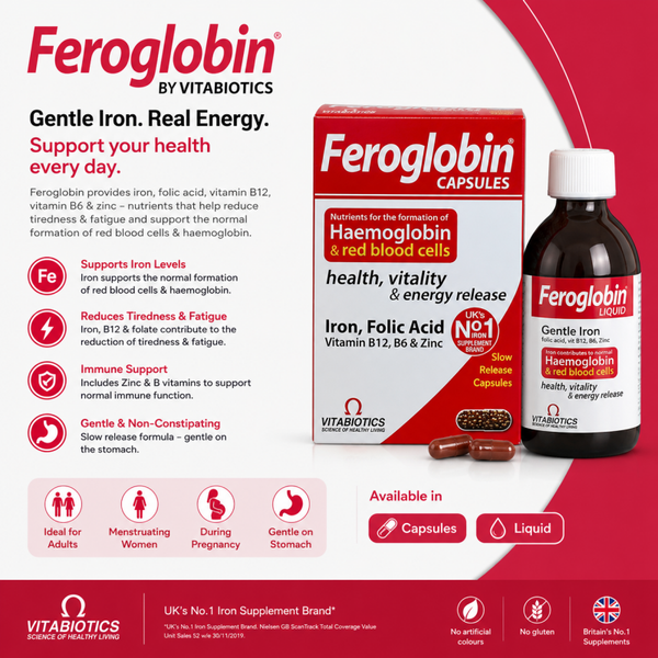 Feroglobin Original 30 Capsules | Gentle Iron Supplement - Support Iron Deficiency, Anemia & Blood formation, Boost Energy, Immunity & Vitality while reducing Fatigue & Tiredness