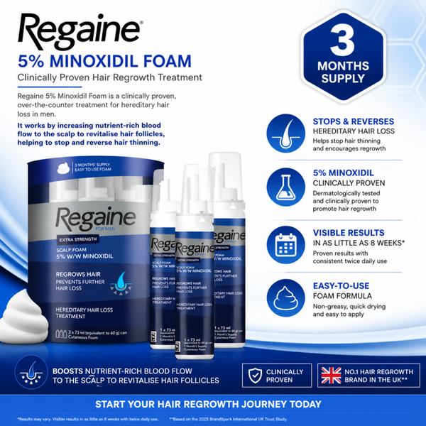 Regaine Men Foam 5% 60g Triple Pack, Advanced Hair Regrowth Treatment for Men, Minoxidil Foam for Thinning Hair, Easy to Apply, Clinically Proven Formula, 3 Month Supply