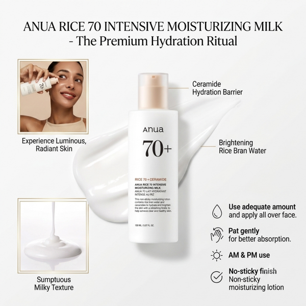Anua Rice 70 Intensive Moisturizing Milk with Ceramide & Niacinamide (150ml) – Brightening & Hydrating Daily Facial Lotion