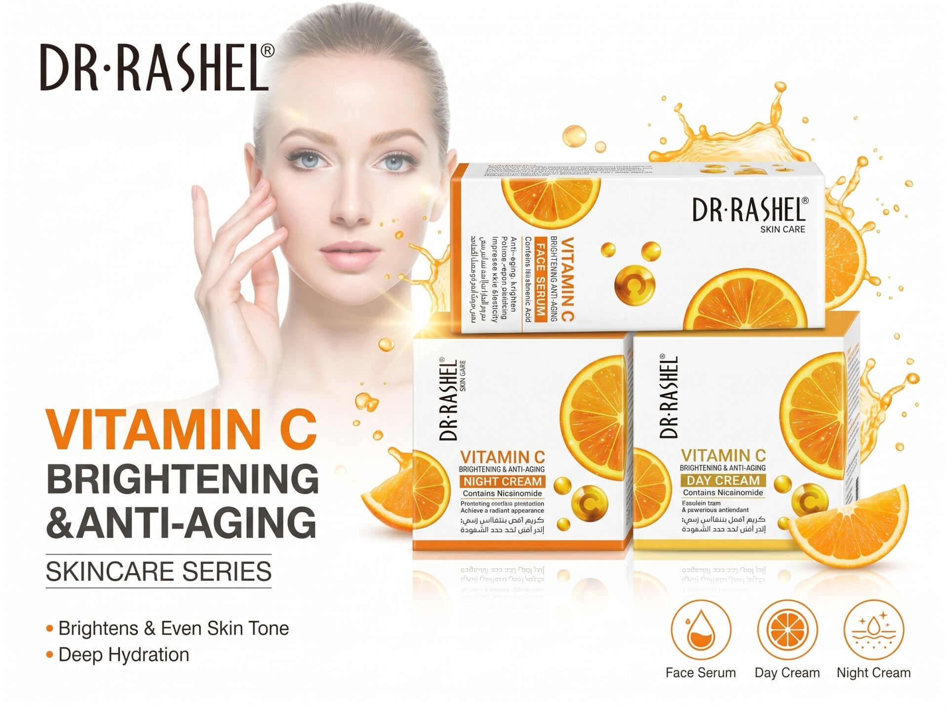 DR. RASHEL Vitamin C 3-Piece Radiance Skincare Set – Brightening Face Serum (50ml), Antioxidant Day Cream (50g) & Nourishing Night Cream (50g)
