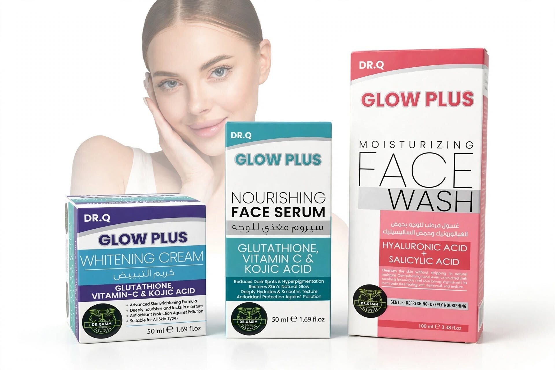 DR.Q Glow Plus 3-Step Daily Radiance Skincare Set – Hydrating Face Wash (100ml), Nourishing Face Serum (50ml) & Brightening Face Cream (50ml)