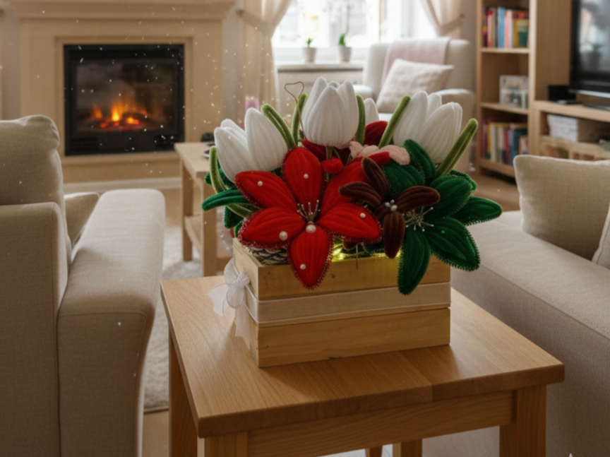 Boite décorative avec  fleurs rouges, vertes et blanches et leds à piles
