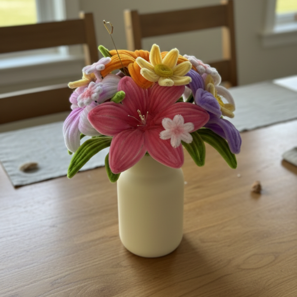 Bouquet Soleil & Couleurs – Lys, Tournesols & Pâquerettes
