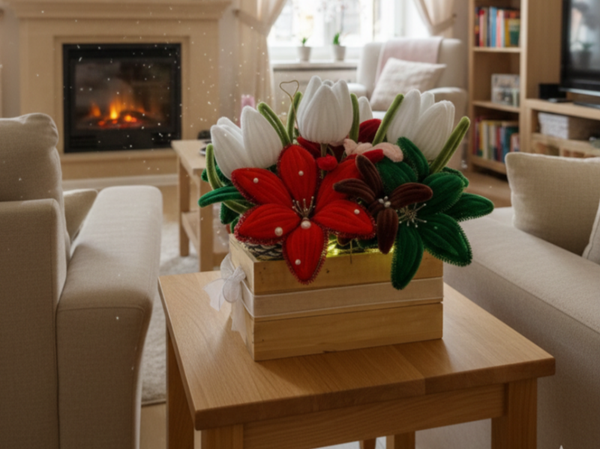Boite décorative avec  fleurs rouges, vertes et blanches et leds à piles