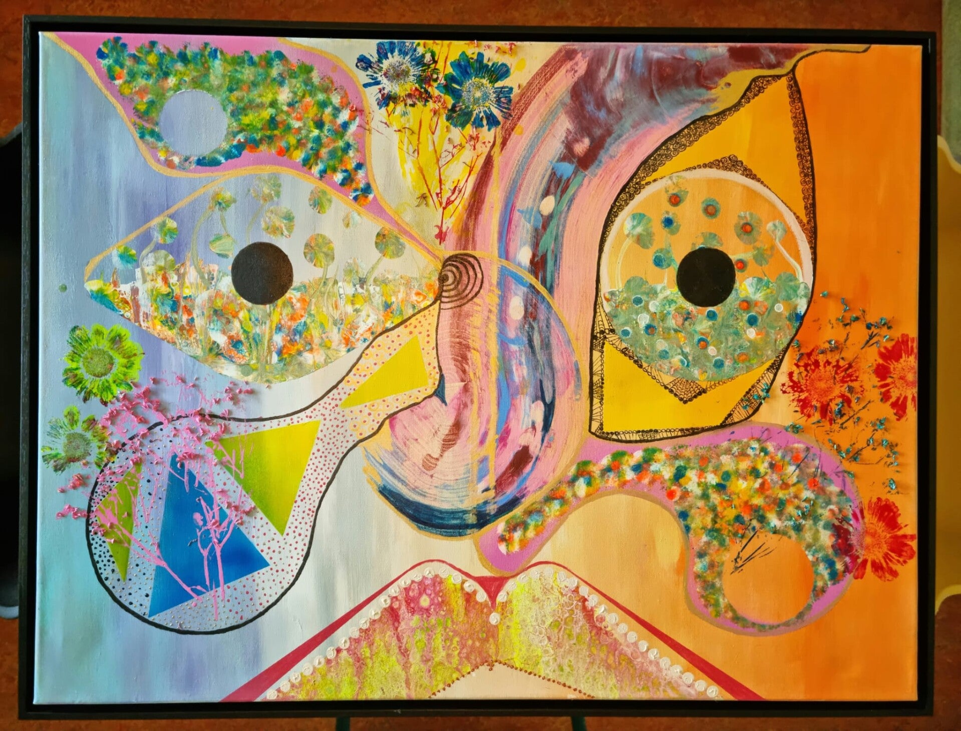 Inner face met baklijst - Acryl - Gouache - echte bloemen - 60cm x 80cm