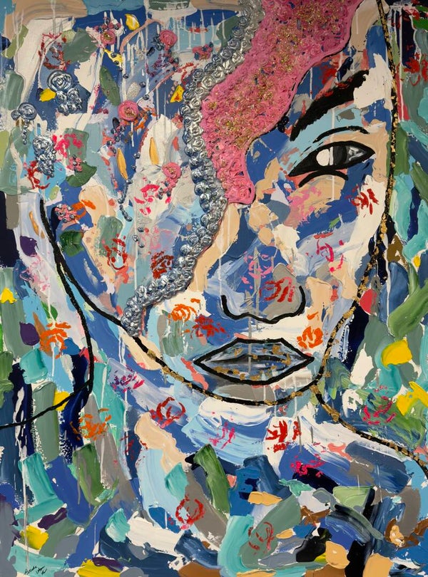 Blue Caution Original Acrylic Painting on Canvas 36x48