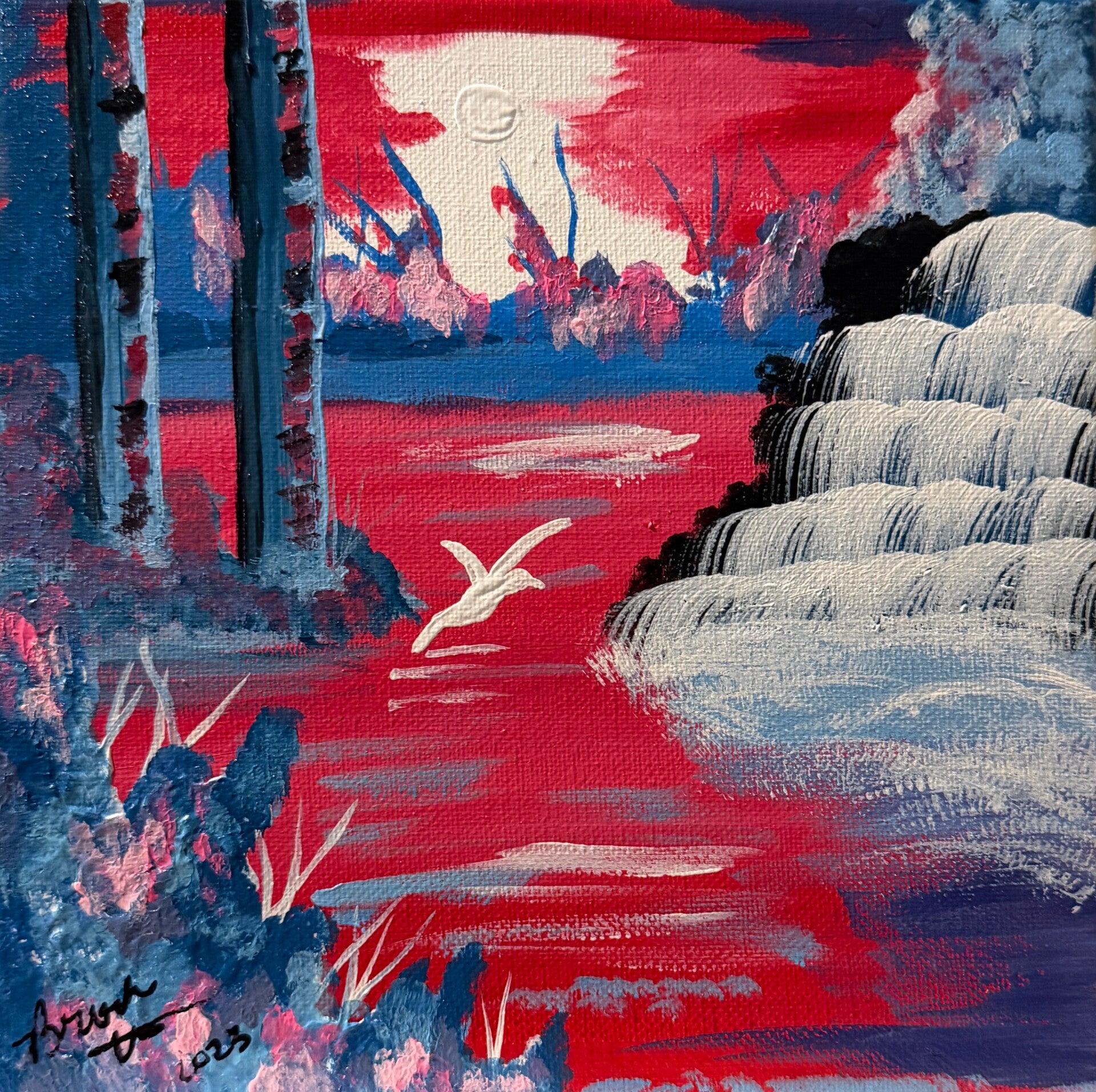 Flight Through Red Silence Original Acrylic Painting on Canvas 8x8