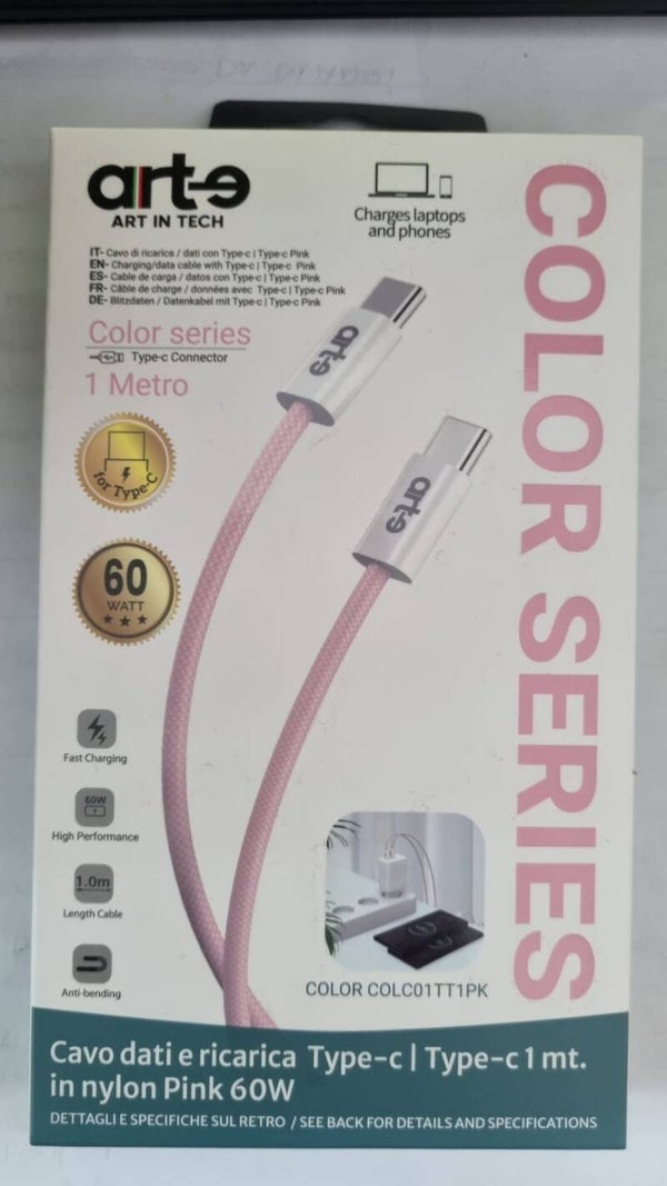 ART IN TECH COLOR SERIES CAVO DI RICARICA 1 METRO TYPE-C/TYPE-C IN NYLON ROSA